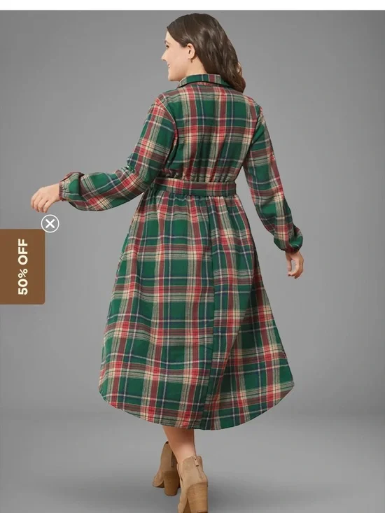 BloomChic Green and Red Plaid Midi Shirt Dress with Belt - Picture 4 of 8
